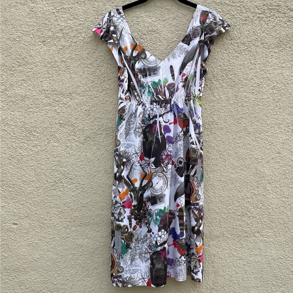 Desigual White Multicolor Printed V-Neck Dress